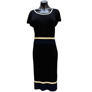 NWT St John Black Multi Dress XL With White & Blue Accents